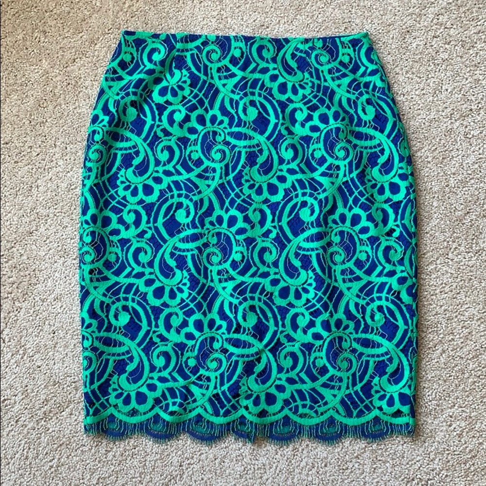 Lilly Pulitzer blue and green lace pencil skirt 8